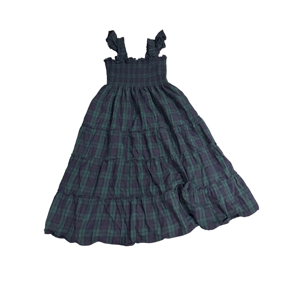 Hill House Home The Nap Dress Large Green Navy Plaid  Smocked Midi Cotton